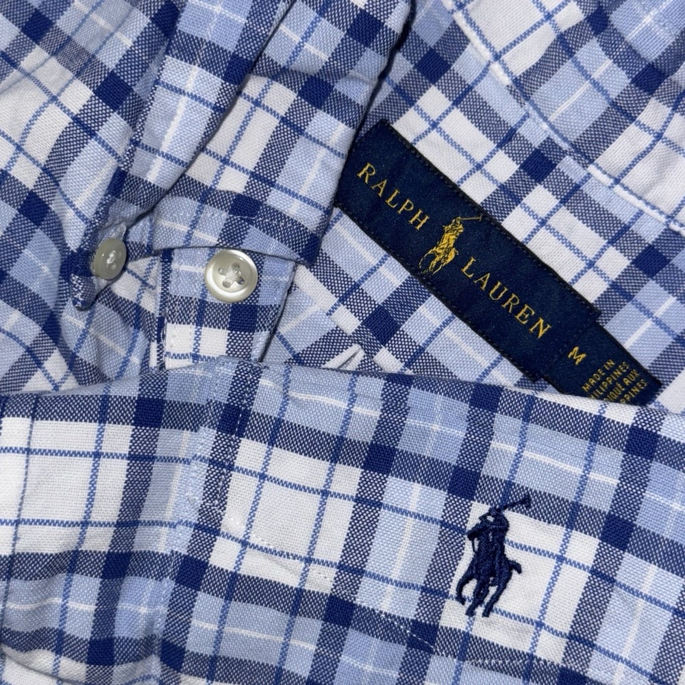 Polo Ralph Lauren Short Sleeve Button Down Oxford Mens M Blue White Plaid Pocket